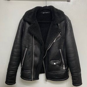 ZARA Mens Aviator Shearling Jacket Black Medium